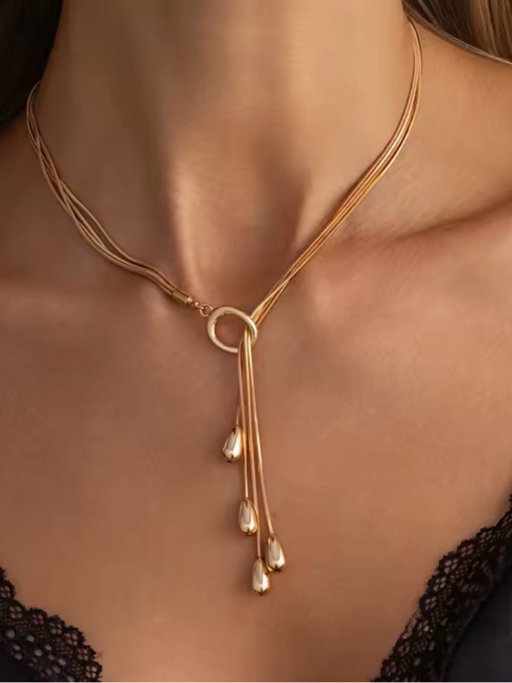 Gold Lariat Necklace with Teardrop Drops